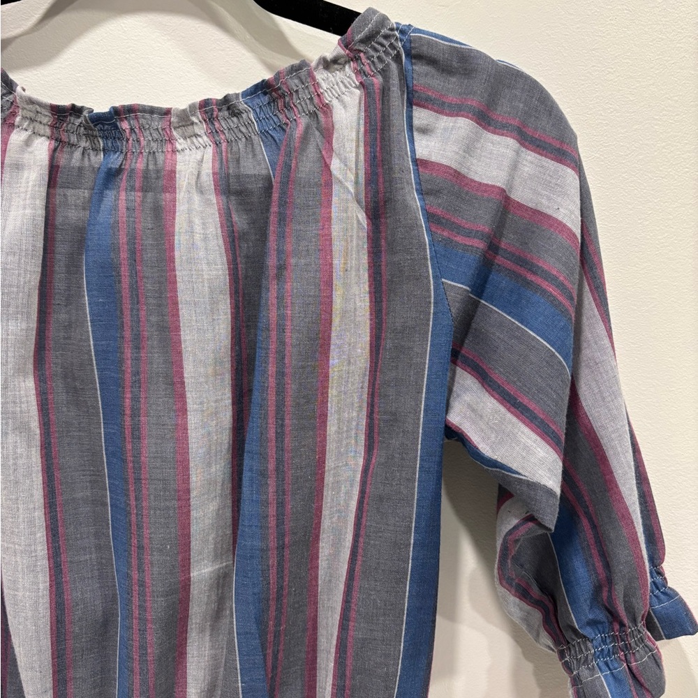 Striped Women's Blouse with Ruffle Neckline - Picture 8 of 13